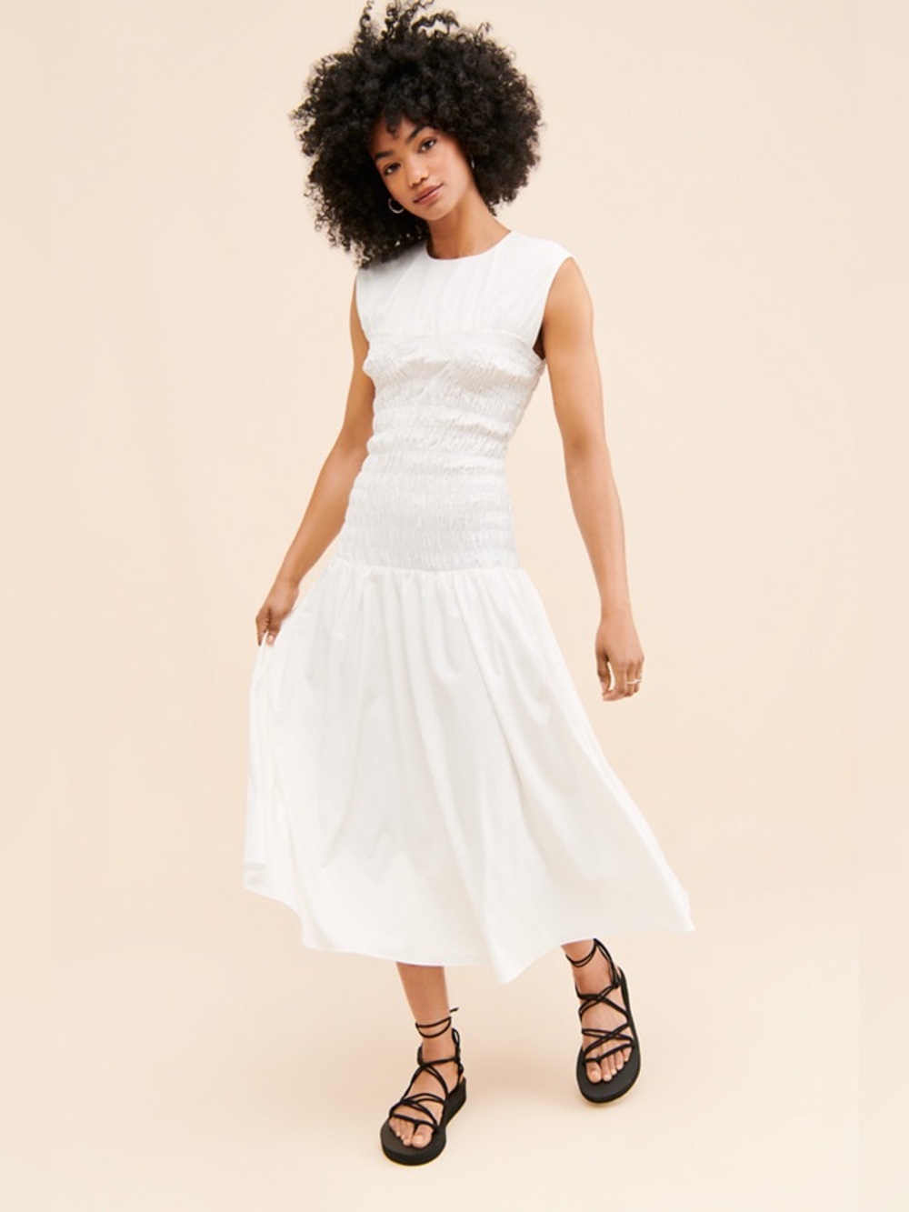 Mare Mare Smocked Drop Waist Midi Dress White